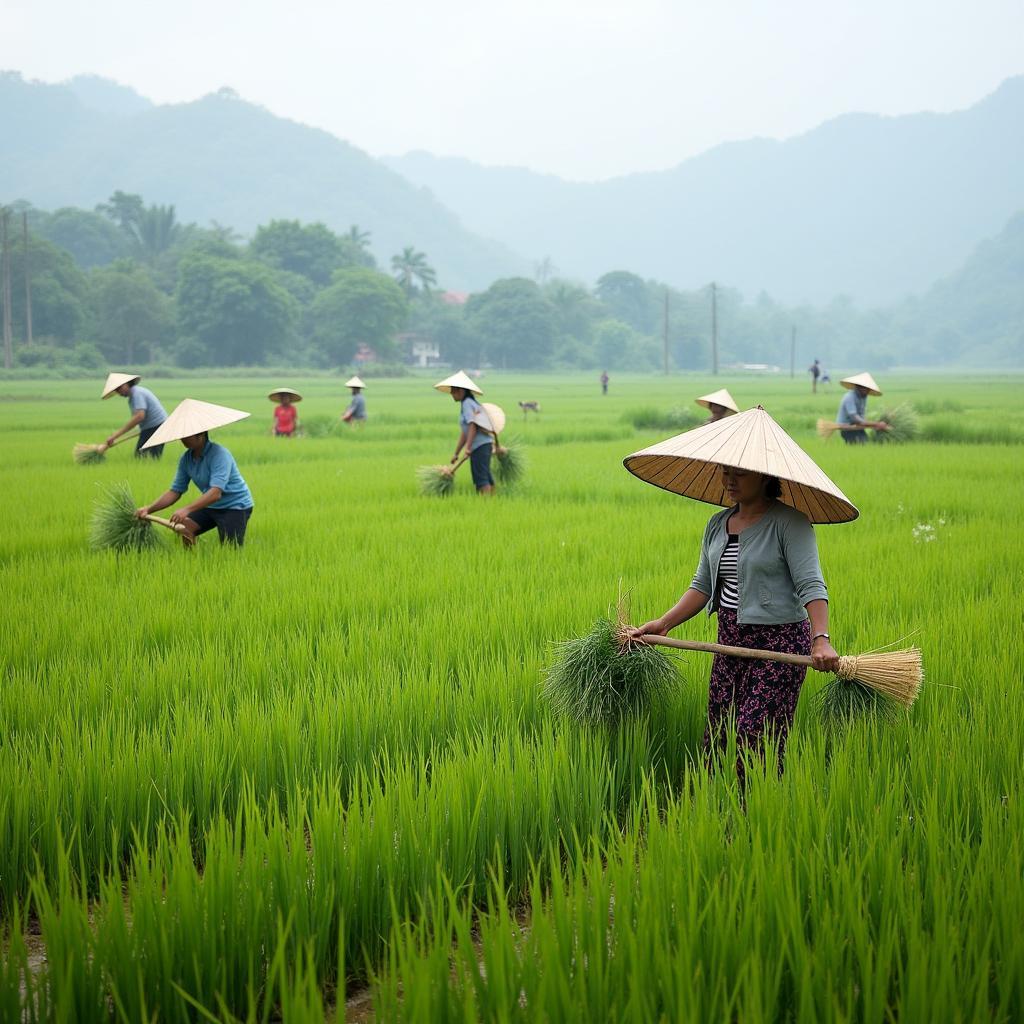 Người dân địa phương đang làm việc trên ruộng đồng tại Xã Yên Minh, Tỉnh Tuyên Quang thể hiện cuộc sống thường nhật